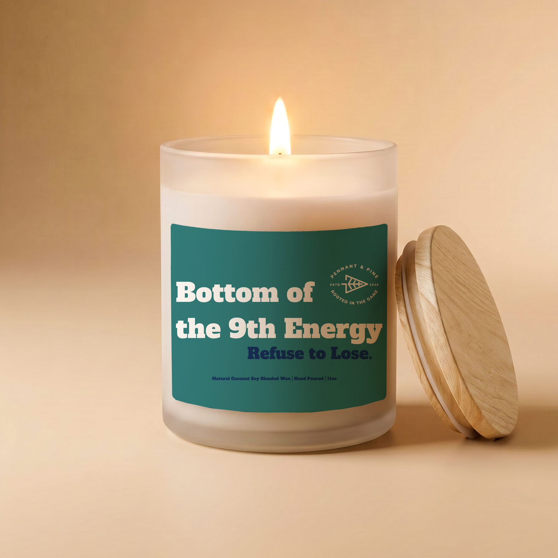 Candle with a green label on a beige background