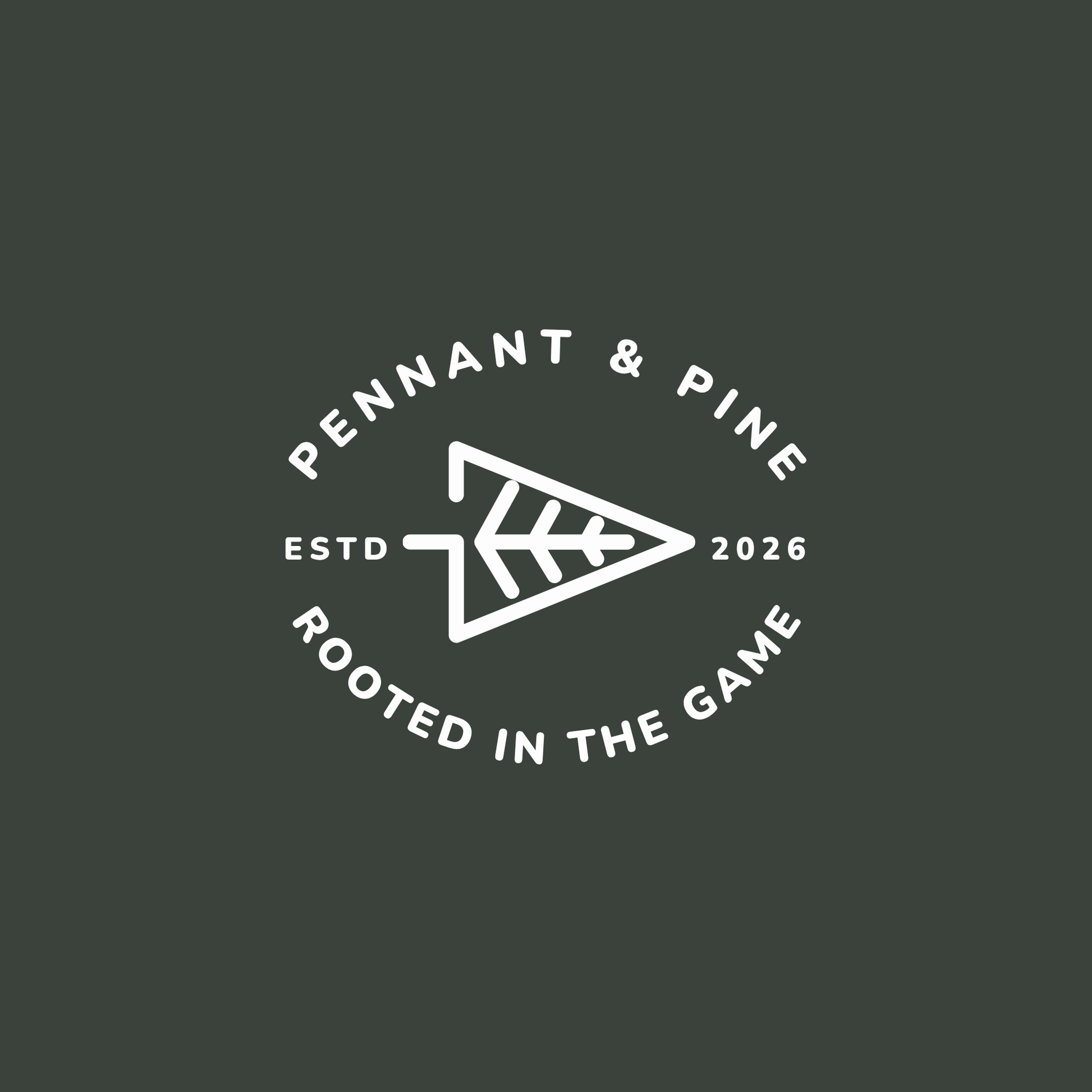 Logo with text 'Pennant & Pine' and an arrow design on a dark background