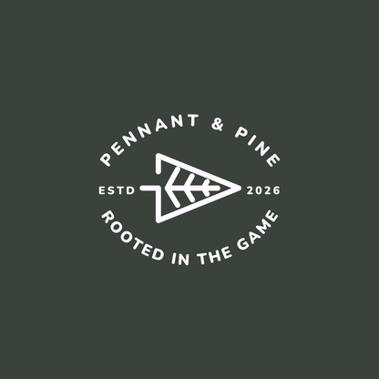 Logo with text 'Pennant & Pine' and an arrow design on a dark background