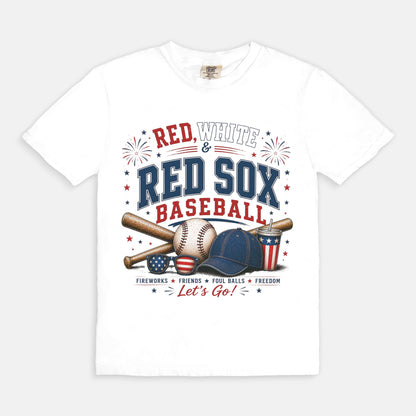 White t-shirt with Red Sox baseball graphics and text on a white background