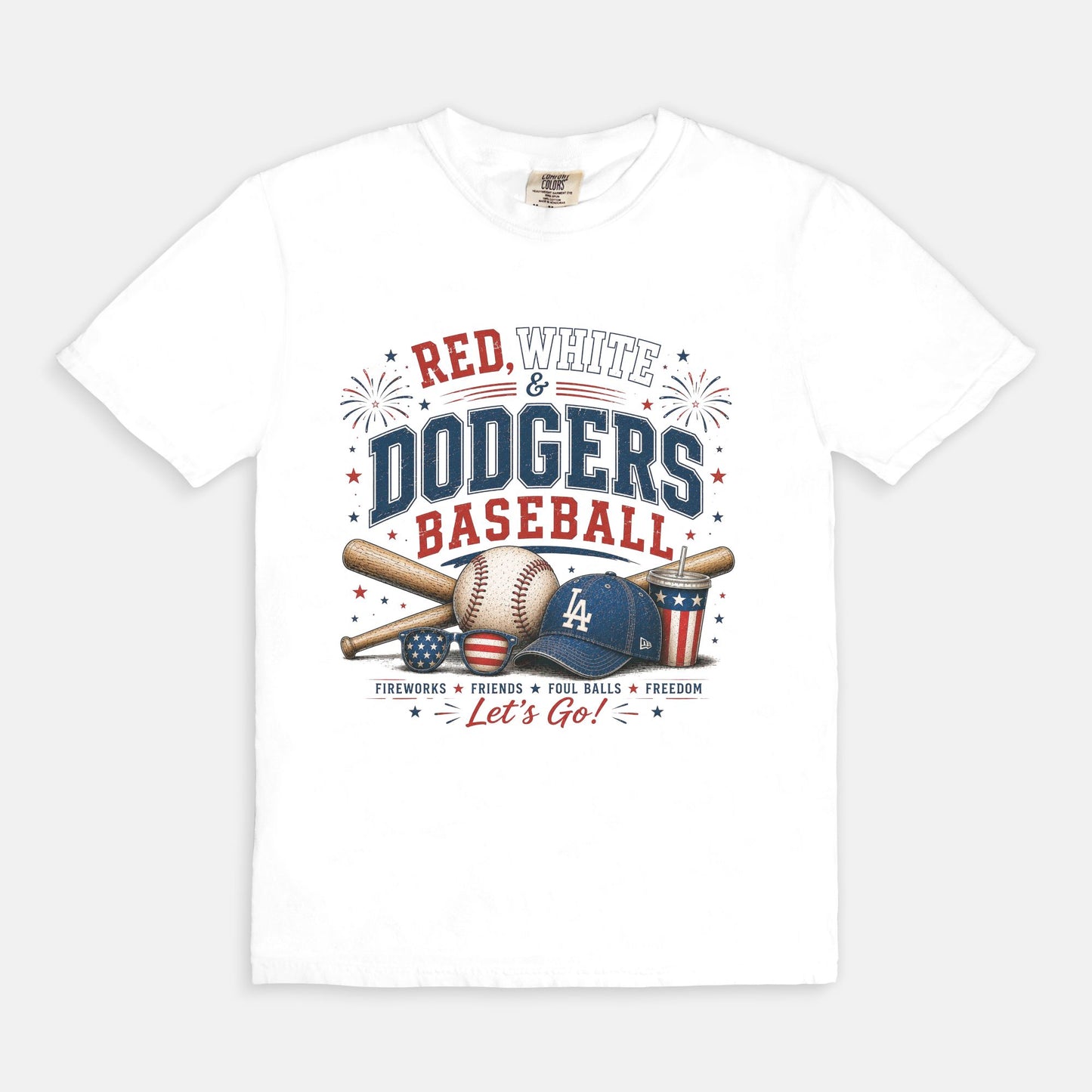 White t-shirt with 'Red, White & Dodgers Baseball' design on a white background