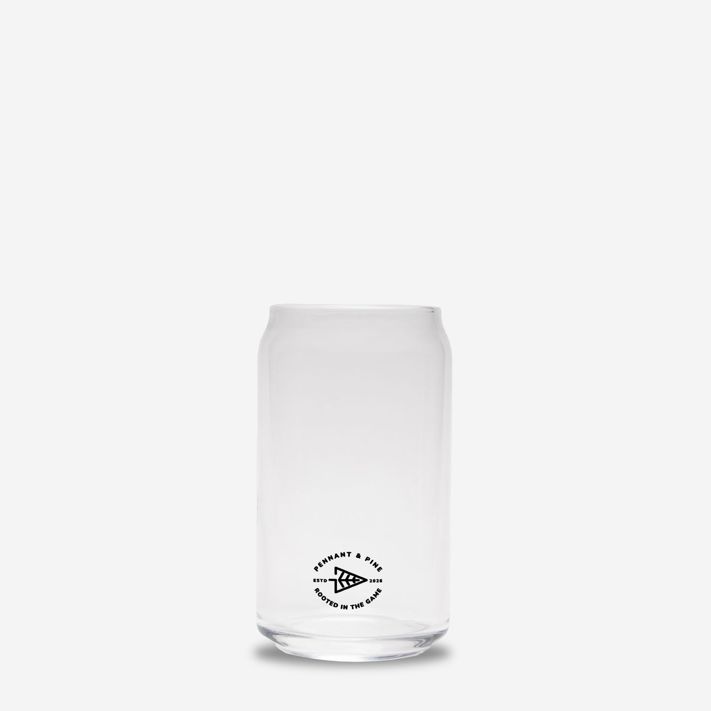 Clear glass tumbler with a black logo on a white background