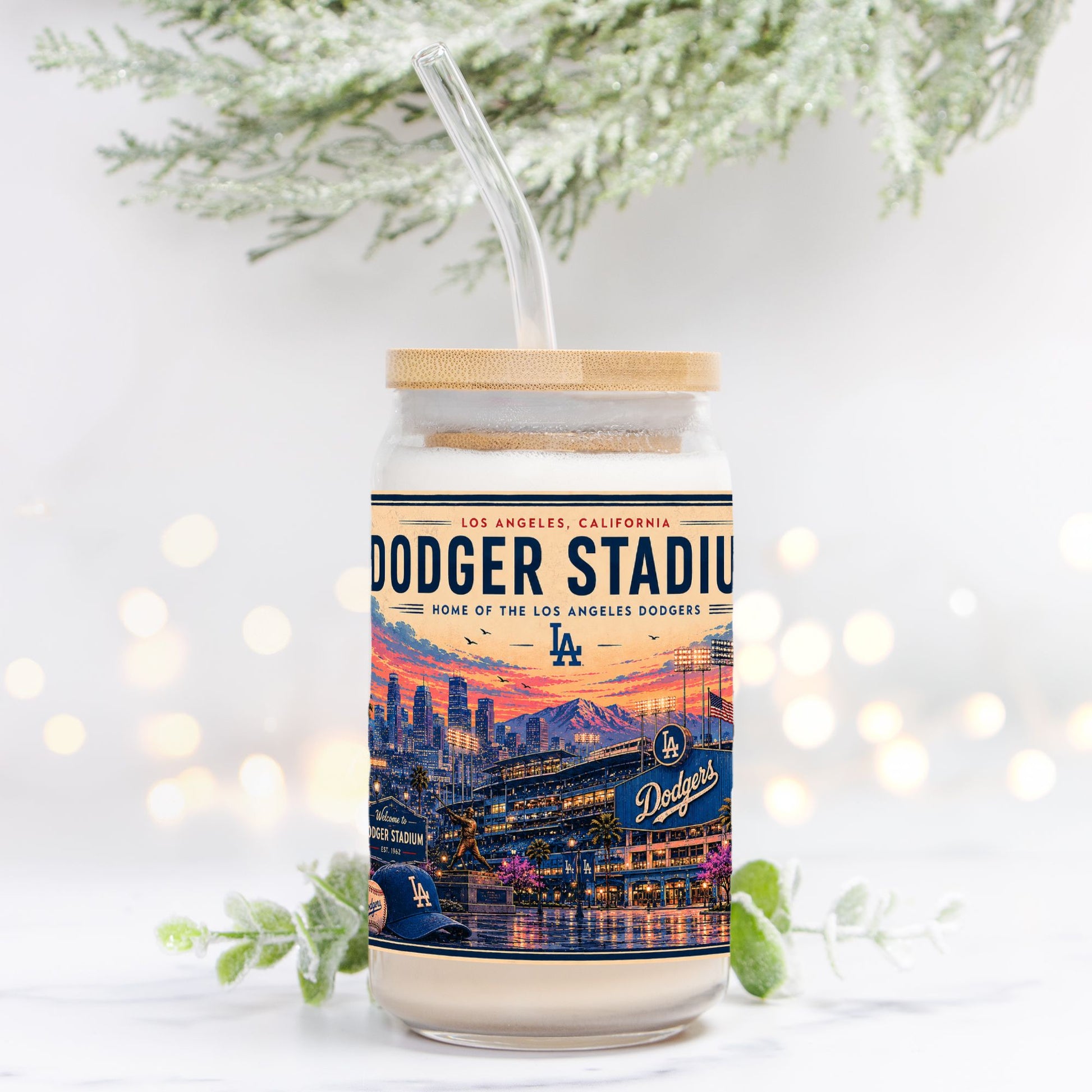 Tumbler with Dodgers stadium design on a white background