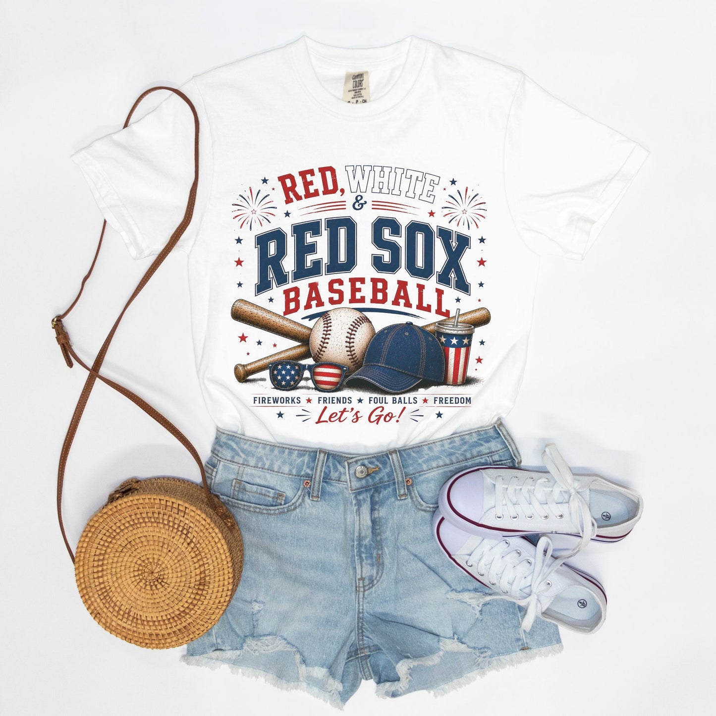 White t-shirt with Red Sox baseball design, denim shorts, white sneakers, and woven bag on a white background
