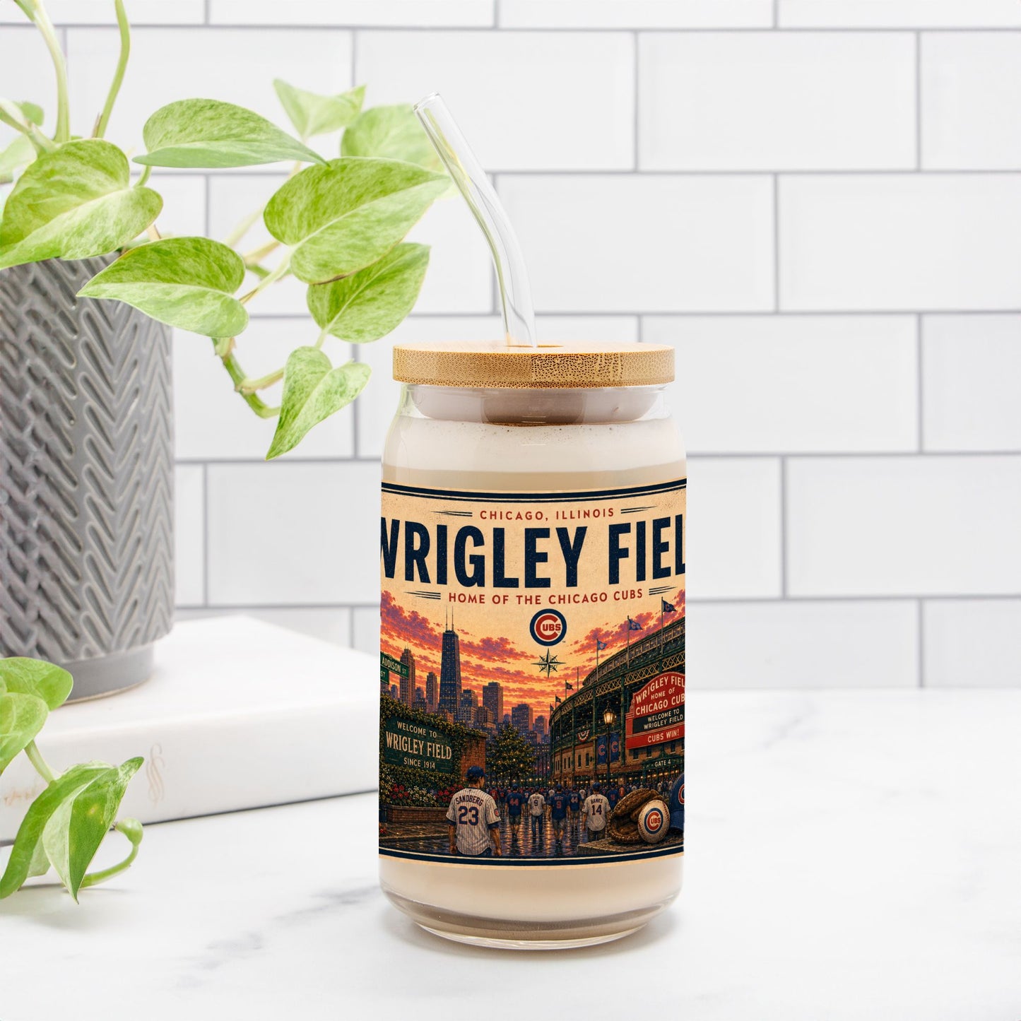 Jar with Vrigley Field label on a white surface with a plant in the background