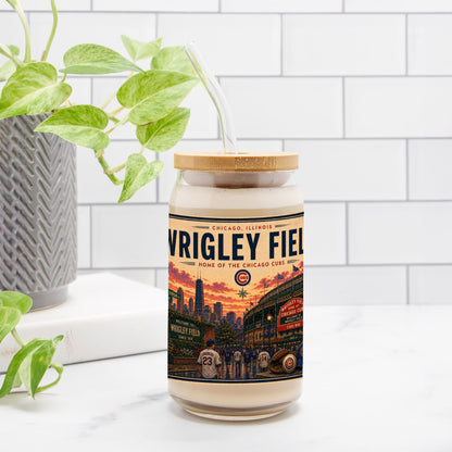Jar with Vrigley Field label on a white surface with a plant in the background