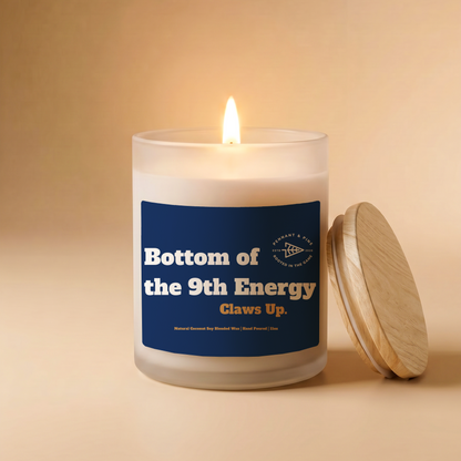 Candle with a blue label on a beige background