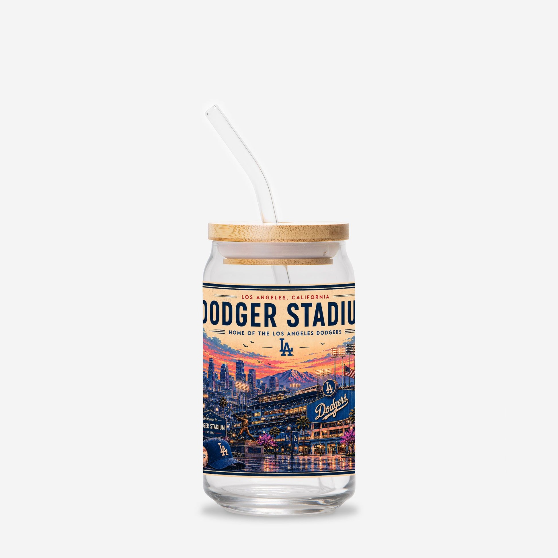 Glass tumbler with straw featuring Dodger Stadium design on a white background
