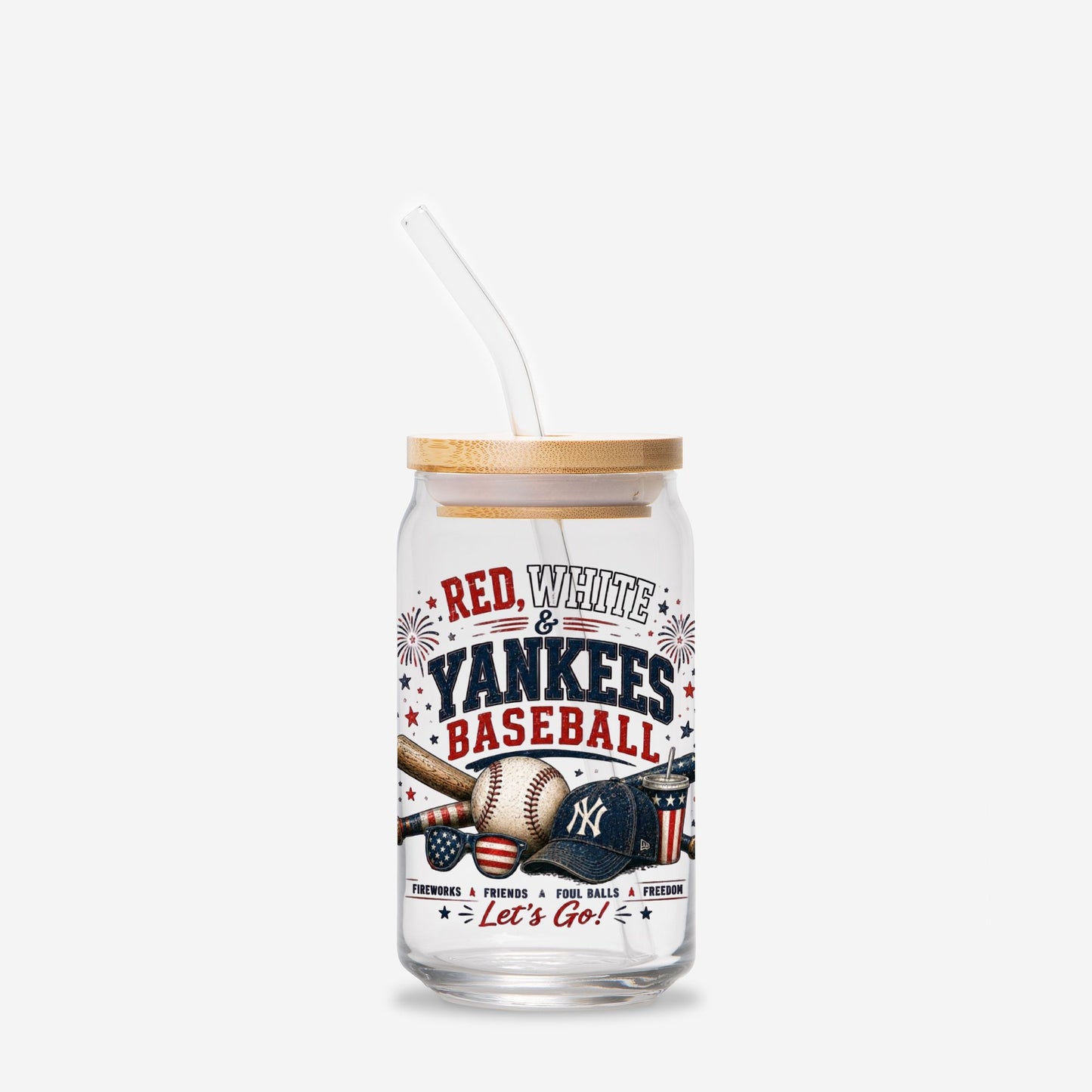 Glass tumbler with straw featuring Red, White & Yankees Baseball design on a white background
