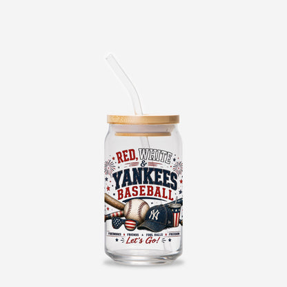 Glass tumbler with straw featuring Red, White & Yankees Baseball design on a white background