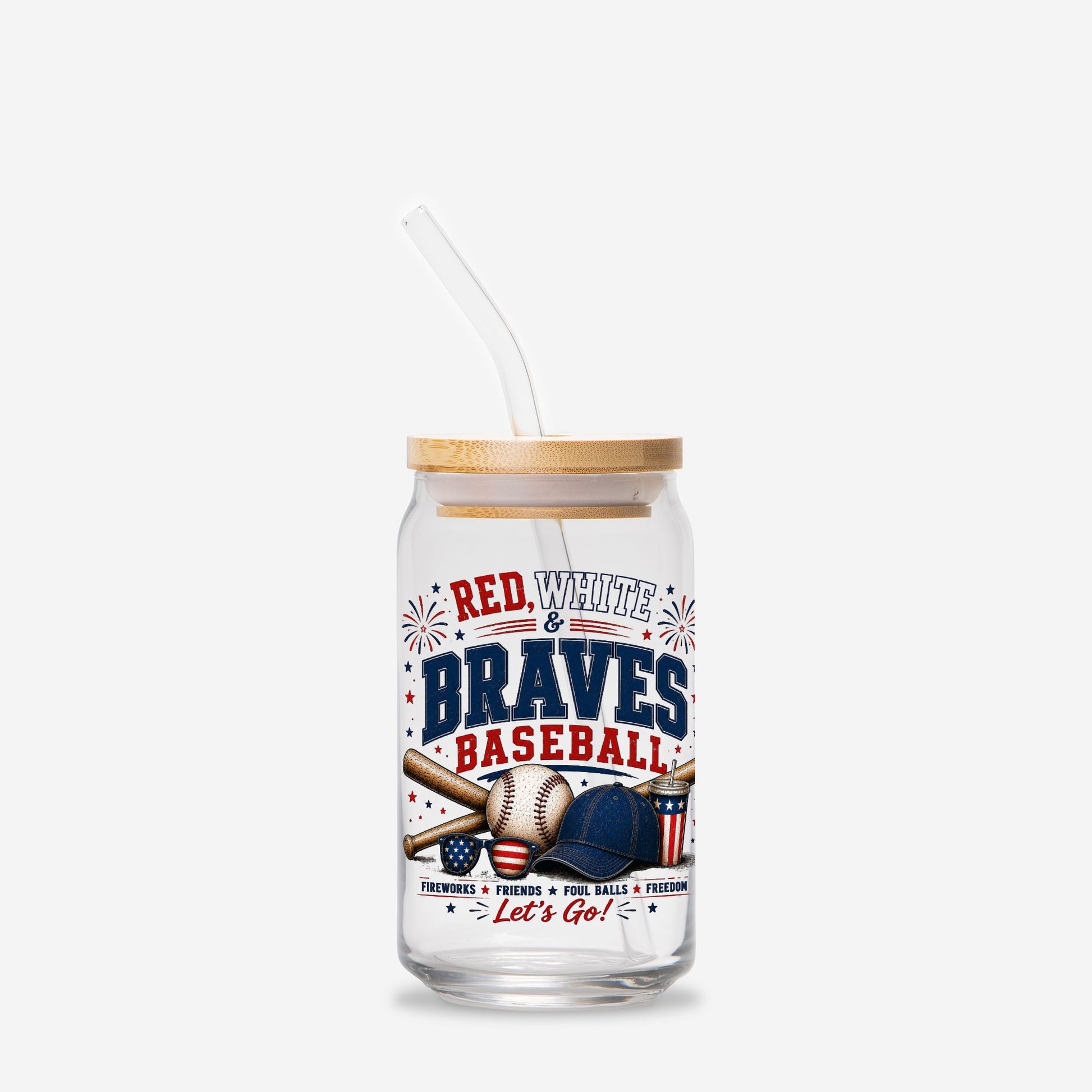 Glass tumbler with straw featuring 'Red, White & Braves Baseball' design on a white background