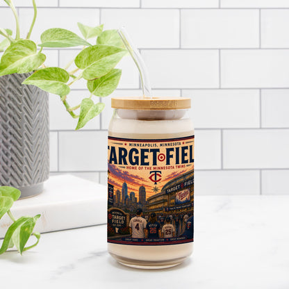 Drinking Glass with Target Field label on a white surface with a plant in the background