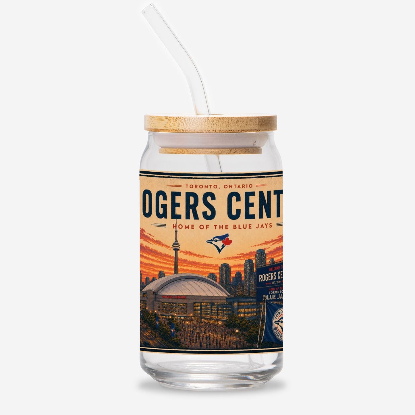 Glass tumbler with a lid featuring Rogers Centre design on a white background