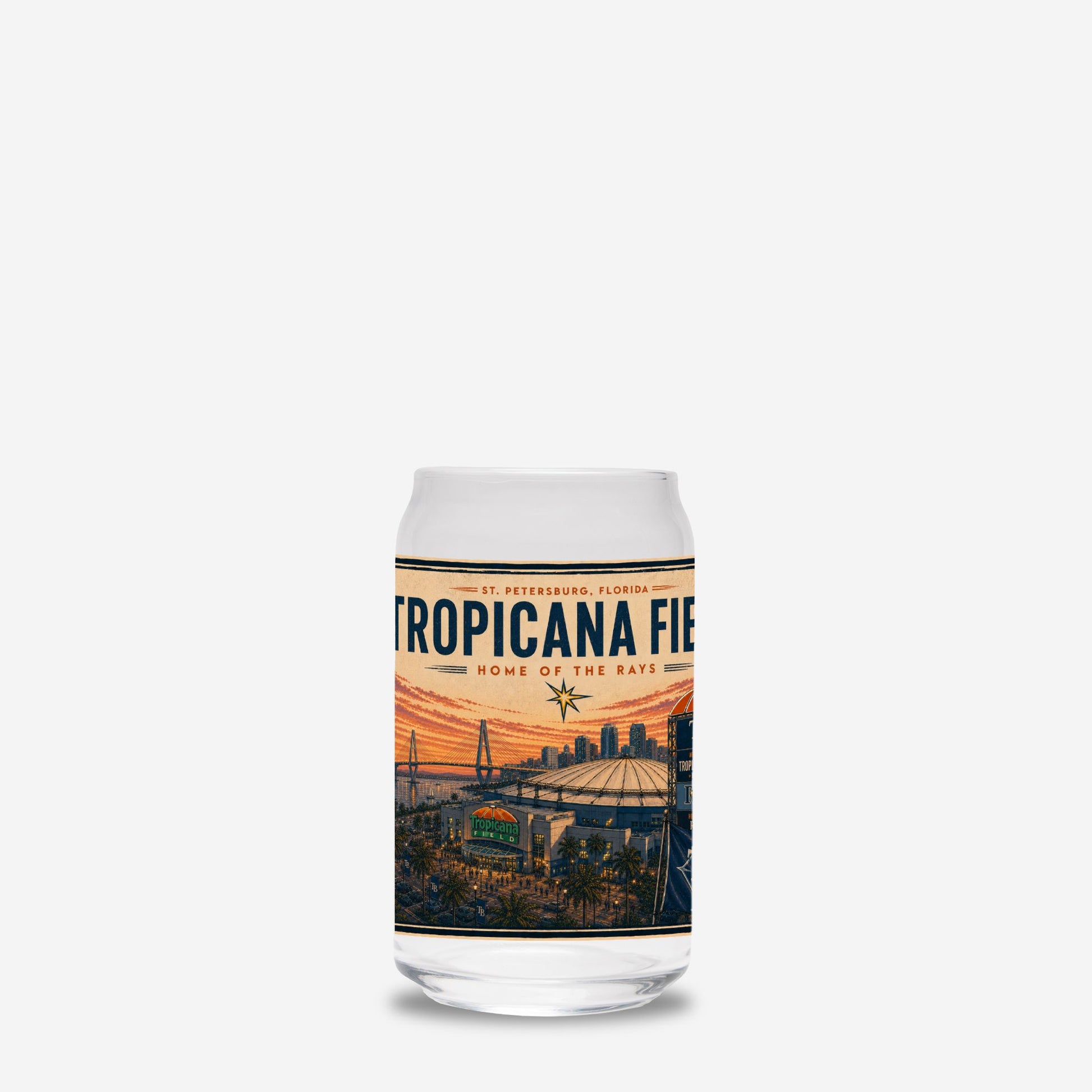 Tropicana Field can with sunset design on a white background