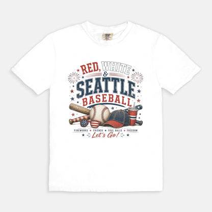 White t-shirt with 'Red, White & Seattle Baseball' graphic design on a white background