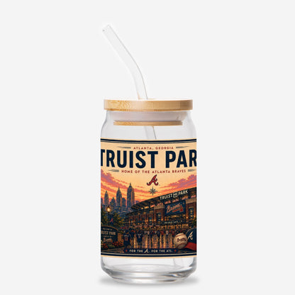 Glass tumbler with a lid featuring Trust Park stadium design on a white background
