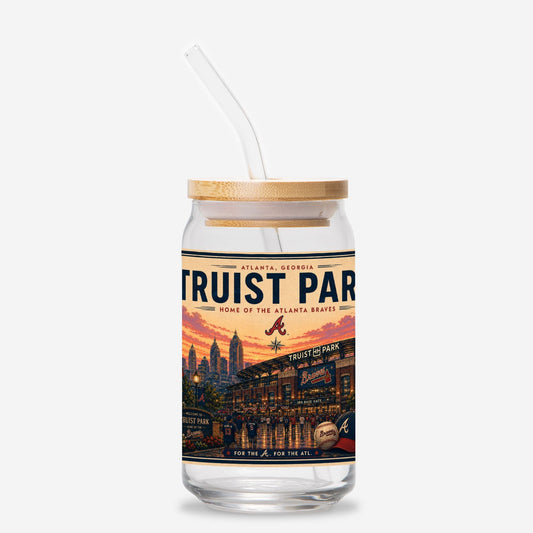 Glass tumbler with a lid featuring Trust Park stadium design on a white background