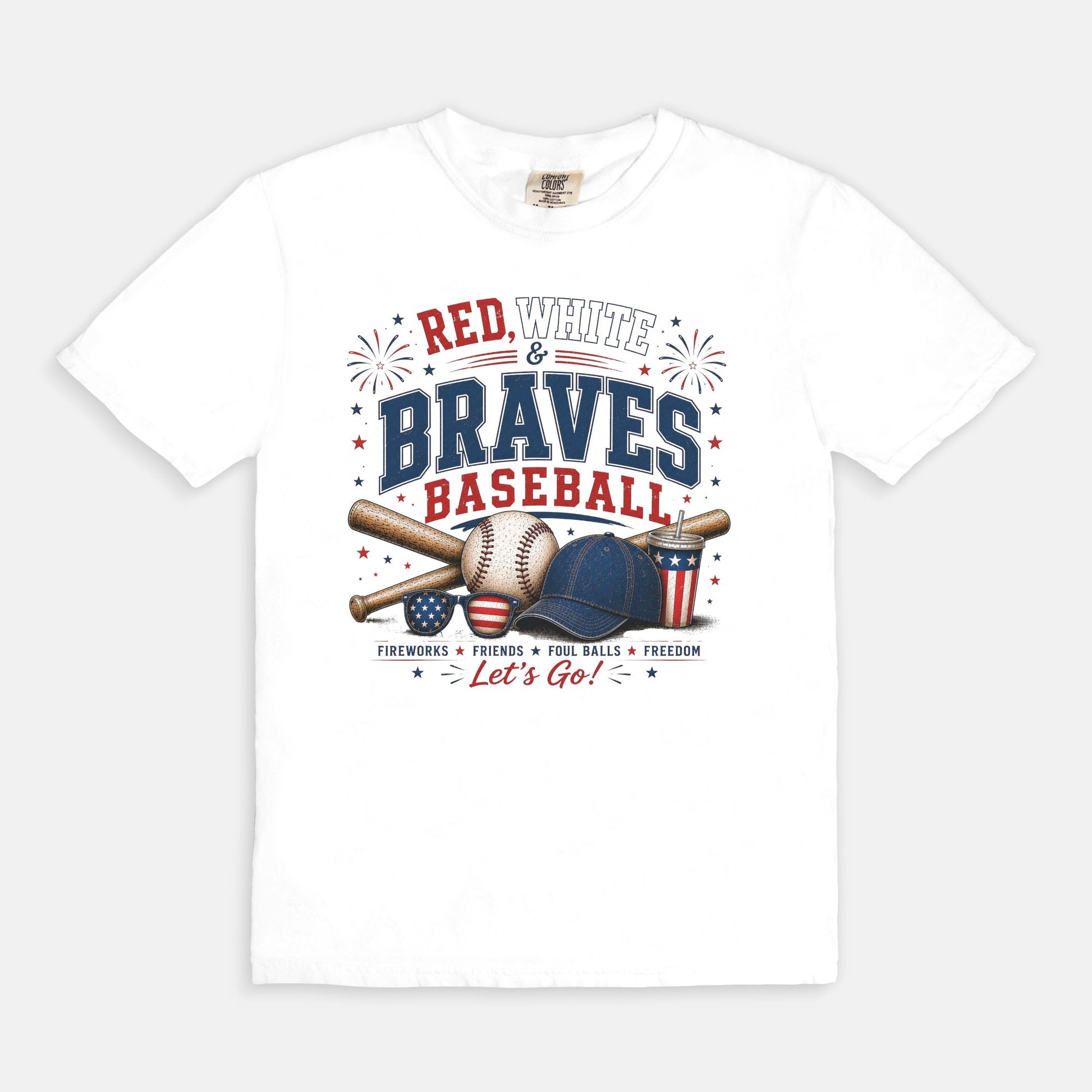 White t-shirt with 'Red, White & Braves Baseball' design on a white background