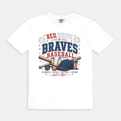 White t-shirt with 'Red, White & Braves Baseball' design on a white background