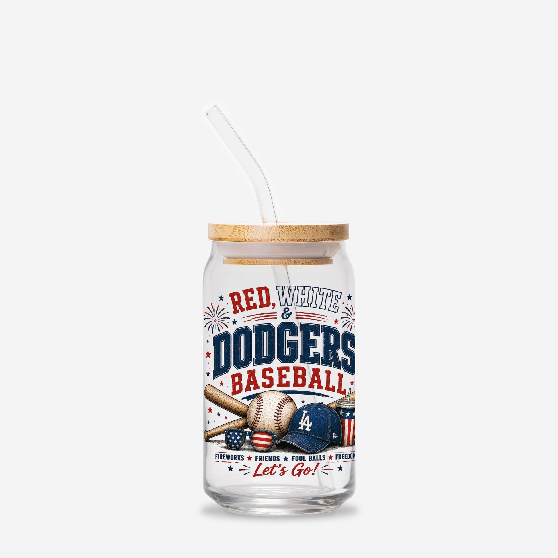 Glass tumbler with straw featuring Dodgers baseball design on a white background