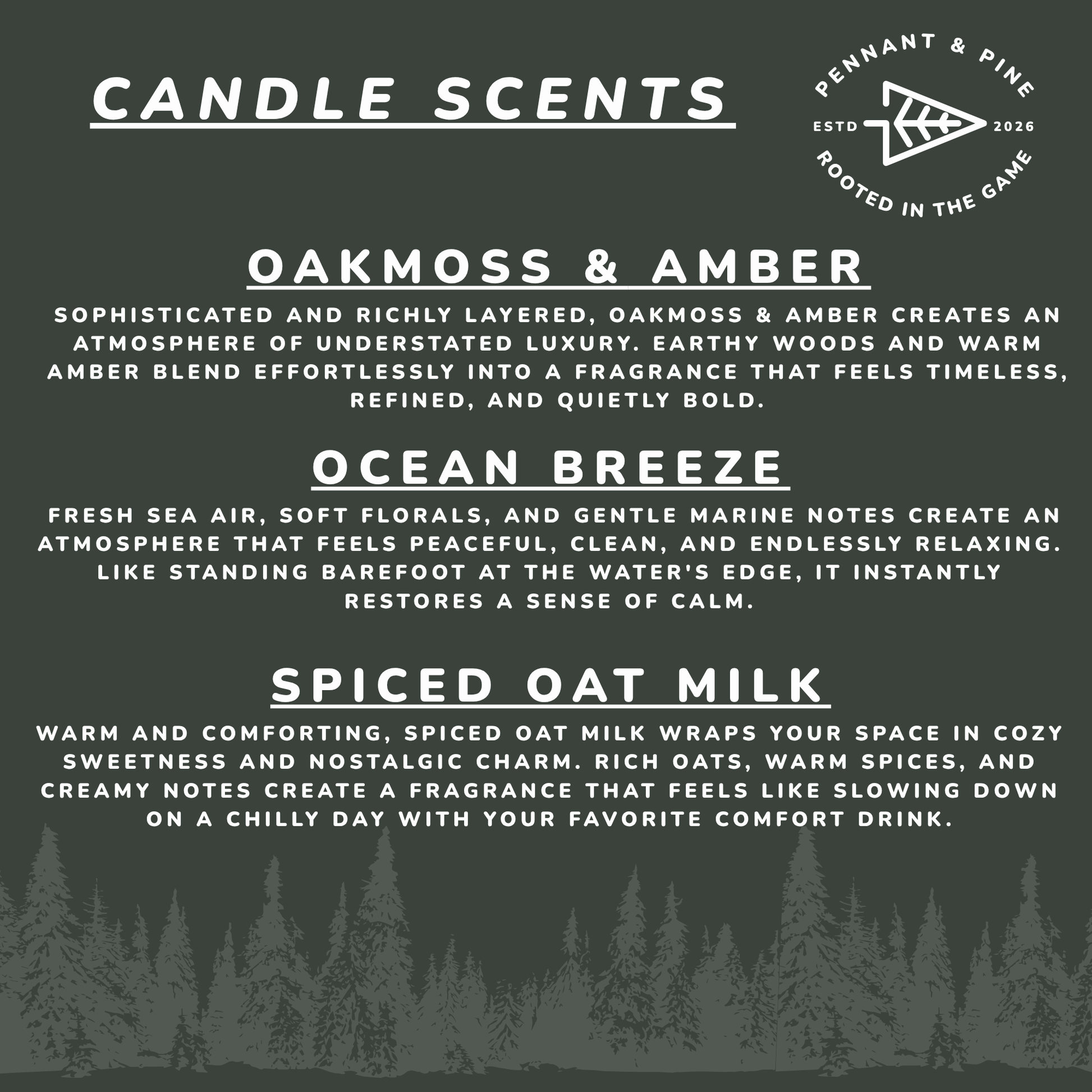 Product description of candle scents with tree silhouette at the bottom
