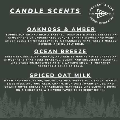 Product description of candle scents with tree silhouette at the bottom